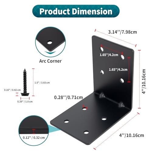 4" x 4" x 3-1/8" Heavy Duty Steel L Angle Corner Bracket, 90 Degree Support Bracket for Wood Beams Pergolas Shelves Furniture, Thickness 0.12", Max Load 160 lbs, 8 Pack - size: 4" x 4" x 3-1/8"