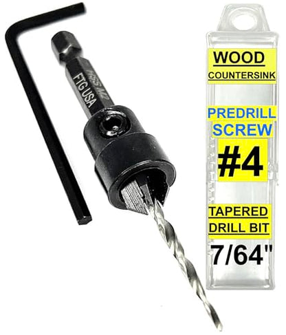 FTG USA #4 (7/64") Tapered Wood Countersink Drill Bit w/ 3/8" Collar & Case - size: #4, style: with Depth Stop