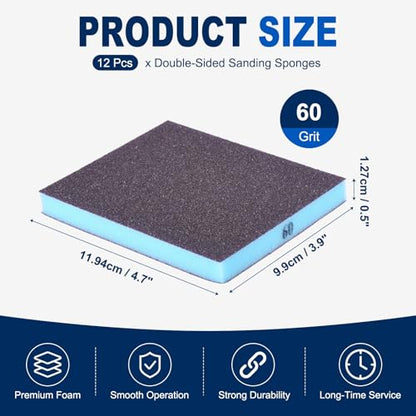12Pcs 60Grit Double-Sided Sanding Sponges, Washable & Reusable - size: 60Grit