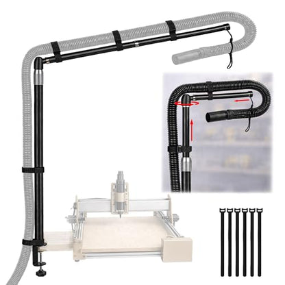 Dust collection boom arm, Adjustable Clamp Mount Hose Holder with 360° Rotatable Swivel Head & Two 40cm Extension Arms for CNC Lathe Woodworking Table Saw Router Table Dust Collection System