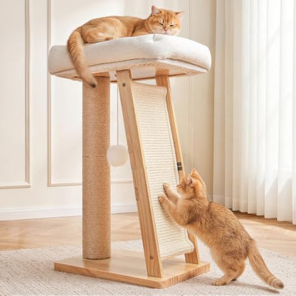 27.5" 3-in-1 Natural Pine Wood Cat Scratching Post for Small Medium Cats - size: Medium