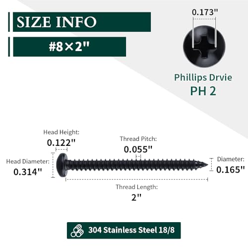 #8 x 2 Phillips Pan Head Sheet Metal Screws, 304 Stainless Steel 18-8, Black Coated, Corrosion Resistant Pan Head Self Tapping Screws for Wood, Sheet Metal, 50 PCS - size: #8 x 2"