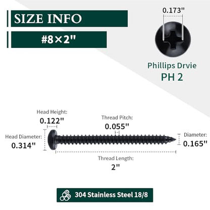#8 x 2 Phillips Pan Head Sheet Metal Screws, 304 Stainless Steel 18-8, Black Coated, Corrosion Resistant Pan Head Self Tapping Screws for Wood, Sheet Metal, 50 PCS - size: #8 x 2"