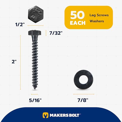 5/16 x 2 (50 Pack) Lag Screw Kit, 50 Screws and 50 Washers, Ceramic Black Ruspert Coating for Exterior Use, Meets ASTM A307 and ASME B18.2.1, Industrial/Commerical Grade by Makers Bolt - size: 5/16 x 2