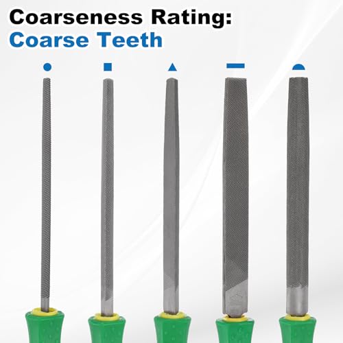 HARFINGTON 5pcs Metal File Set 10" Coarse Teeth High Carbon Steel Hand Files with PP Handle Square/Flat/Triangle/Half-Round/Round for Metal Wood Stone Grinding Polishing Engraving - size: 1, style: Coarse Teeth