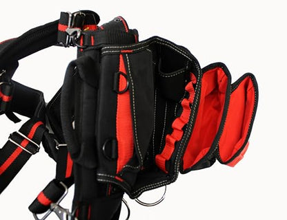28-Pocket Tool Belt with Suspenders & Phone Holder – Heavy Duty Framer’s Rig Tool Apron for Electricians, Carpenters, Technicians – Adjustable Work Belt with Magnetic Tool Holder – Black/Red