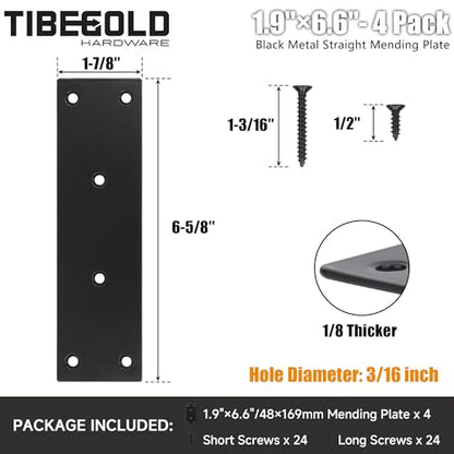 Mending Plate, Black Metal Flat Straight Brace Bracket, Double-Wide Metal Plate, Joining Plate for Wood Furniture Fence Fastening with Screws in 2 Different Lengths (48x169mm, 4 Pack) - size: 1.9"×6.6"/48*169mm