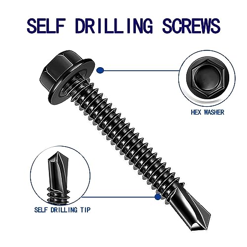 100pcs 410 Stainless Steel #8x1-1/2 Self Drilling Screws for Metal Plates Black hex Head High Strength & Corrosion Resistant self Tapping Screw (Hex #8x1-1/2) - size: Hex #8x1-1/2"