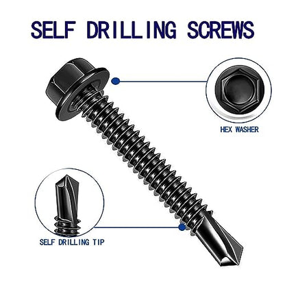 100pcs 410 Stainless Steel #8x1-1/2 Self Drilling Screws for Metal Plates Black hex Head High Strength & Corrosion Resistant self Tapping Screw (Hex #8x1-1/2) - size: Hex #8x1-1/2"