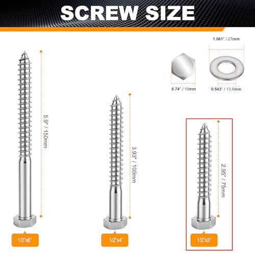 Hex Head Lag Bolts for Wood, Lag Screws 1/2" x 3",12 PCS - size: 1/2" x 3"