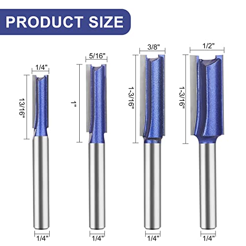 Professional Double Flute Straight Router Bits 1/4 Inch Shank, Flush Trim Router Bit Set, Cutting Diameter Respectively 1/4", 5/16", 3/8", 1/2". - size: Double Flute Straight 4 Pcs
