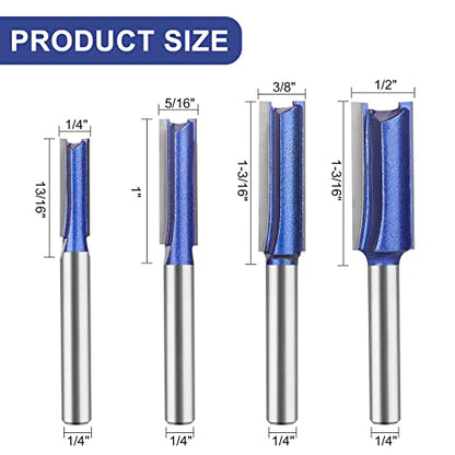 Professional Double Flute Straight Router Bits 1/4 Inch Shank, Flush Trim Router Bit Set, Cutting Diameter Respectively 1/4", 5/16", 3/8", 1/2". - size: Double Flute Straight 4 Pcs