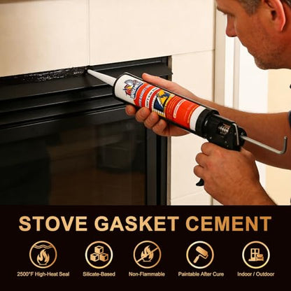2500°F High Temp Stove Gasket Cement, Black 10 oz – Silicate-Based Stove Pipe Sealant, Non-Flammable & Paintable Fireplace Sealant Caulk for Wood Stove,Chimneys, Ovens, Grills, Furnace & Flue Joints