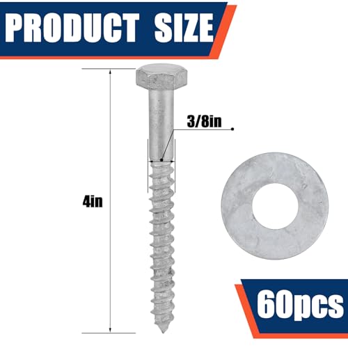 Tandefio 60 Pack 3/8'' x 4'' Lag Screw Bolts with Washer Galvanized - size: 3/8 x 4''
