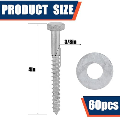 Tandefio 60 Pack 3/8'' x 4'' Lag Screw Bolts with Washer Galvanized - size: 3/8 x 4''