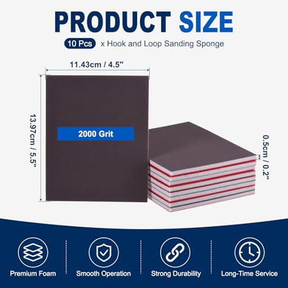 10Pcs 2000Grit Sanding Sponges, 5.5x4.5In Hook & Loop Black - size: 2000 Grit