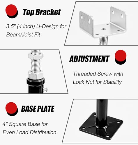 3.5"x3.5" U-Shaped House Jacks, Screw Jack Post for 4x2 4x4 4x6 Joists - color: Black, size: 16.5"-25.5"(4 Pack)