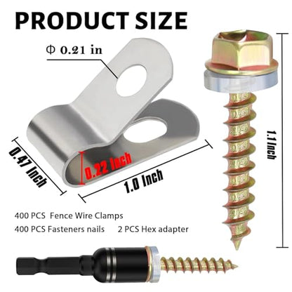 400 PCS T304 Stainless Steel Wire Fence Clips, Fasteners Post Screw with Wire Fixer, Agricultural Fencing Fence Wire Clamps for 4, 6, 8,10 and 12-16Gauge Wire Fencing Livestock Fencing Clips for Wood - size: 400PCS