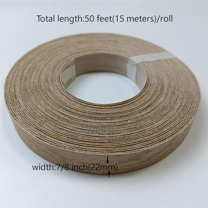 Real White Oak Wood Veneer Edge Banding Roll,7/8 Inch ×50ft,Preglued Iron On Edging Band with Hot Melt Self Adhesive-Plywood Edgebanding Flexible Wood Tape for Laminate Furniture Repair
