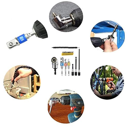 Flexible Drill Bit Extension Set, Includes 105° Right Angle Drill, Bendable Drill Extension, 3pcs 1/4 3/8 1/2" Universal Socket Adapter Set, 3pcs Drill Bit Holder, Screwdriver Bit Kit