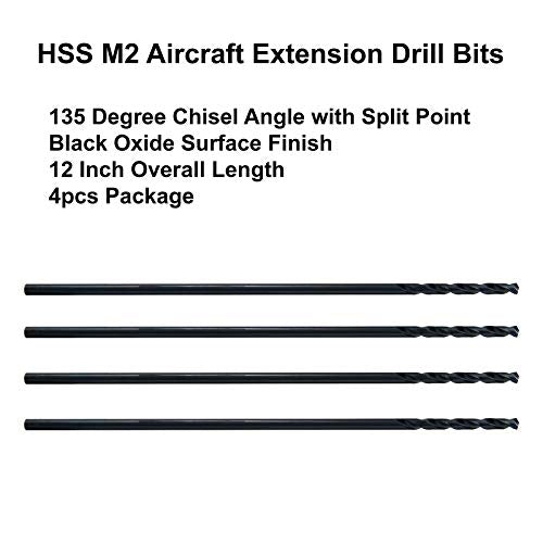 MAXTOOL 3/32"x12" 4pcs Identical Aircraft Extension Drills HSS M2 Extra Long Deep Twist Drill Bits Straight Shank Fully Ground Black; ACF02B12R06P4 - size: 3/32"x12"