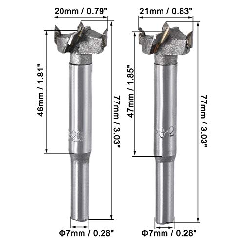 uxcell Forstner Wood Boring Drill Bits 20mm 21mm Dia. Hole Saw Carbide Alloy Steel Tip Round Shank Cutting for Hinge Plywood Wood Tool 2in1 Set - size: 20mm, 21mm