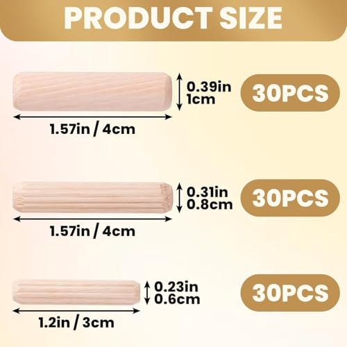 90 Pcs 3 Size Wooden Dowels Assorted, M6 M8 M10 Fluted Wood Dowel Pins, Hard Wood Grooved Plug, Furniture Woodwork Straight Grooved Dowel for Crafts, Furniture, DIY, Carpentry (1/4"+5/16"+3/8")