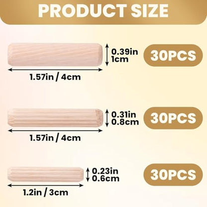 90 Pcs 3 Size Wooden Dowels Assorted, M6 M8 M10 Fluted Wood Dowel Pins, Hard Wood Grooved Plug, Furniture Woodwork Straight Grooved Dowel for Crafts, Furniture, DIY, Carpentry (1/4"+5/16"+3/8")