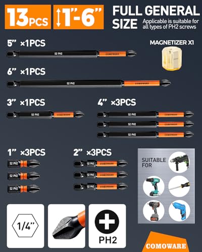 COMOWARE 13pcs Phillips Head Drill Bits #2, S2 Steel 1/4" Hex Bit Set, Anti Slip Screwdriver Bits, 1-6" Length, CNC Tip Magnetic Drill Bit, Impact Hex Bits Sets For Electronic Devices Disassembly - color: Ph2 12pcs Impact