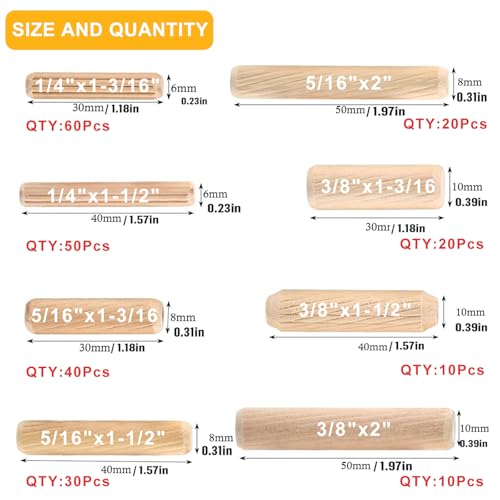 240Pcs Wood Dowels Kit 1/4 3/8 5/16 Inch Dowel Rods Pins with Tapered End with Bevel Angle Groove Wood Pegs for Repair Replacement Furniture Woodworking DIY Crafts