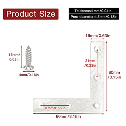 20-Pack Stainless Steel L-Shape Corner Brace 3.15x3.15Inch for Wood - size: Silver 80x80 mm