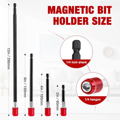 Drill Bit Extension 2/4/6/12’’, Magnetic Bit Holder 4 Pcs, Drill Extension Bit Holder 1/4’’ Hex, Bit Holder for Impact Driver CR-V Steel Quick Release for Screwdriver Bit Nut Drill Socket by XIOGZAXI