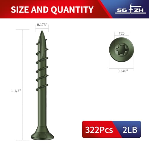 #8 x 1-1/2" Deck Screws (322Pcs) 2lb. Exterior Wood Screws. Carbon Steel, Green, Flat Head, Rust Resistant epoxy Coated, with T25 Star Bit - color: Green, size: #8 x 1-1/2"