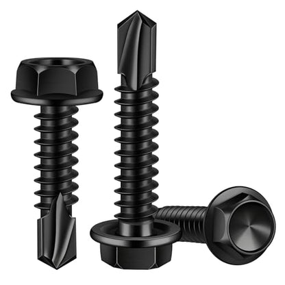 #14 x 1-1/4" (3/4" to 4" Available) Hex Washer Head Self Drilling Sheet Metal Screws with Drill Point, Stainless Steel 410, Black Oxide, 50 PCS - color: Black, size: #14 x 1-1/4"