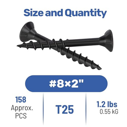 WELLOCKS #8 x 2 in Black Deck Screws, 1.2 lbs with T25 Bit - size: #8×2", style: 1.2LBS Black