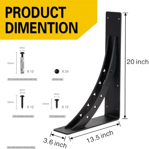 Heavy Duty Shelf Brackets - Max Load 900 LBS, Premium Alloy Metal Mantel Brackets - Fireplace & Countertop Support (Matte Black, 20 x 13.5 Inch, Set of 2) - size: 20 inch x 13.5 inch