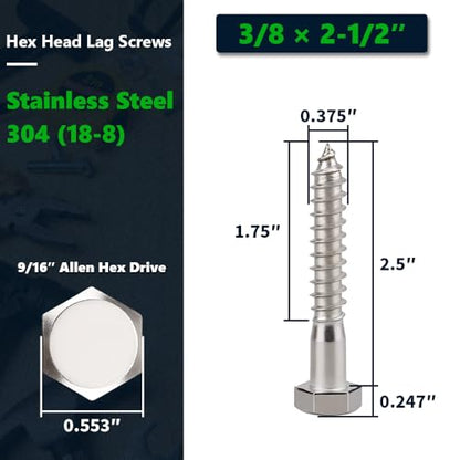 10-Sets 3/8 x 2-1/2" Hex Head Lag Screws & Flat Washers, Heavy Duty Lag Wood Screws, 304 Stainless Steel (18-8), 3/8" Bolt - size: 3/8 x 2-1/2