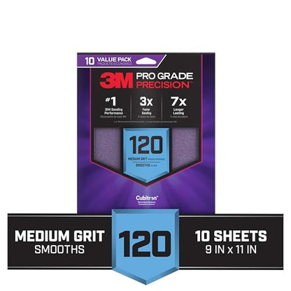 3M Pro Grade Precision Sanding Sheets with No-Slip Grip, 9 x 11 in, 120 Grit, 10-Pack (SHR120-PGP-10T) - style: 120 Grit, 10 Sheets, 9" x 11"