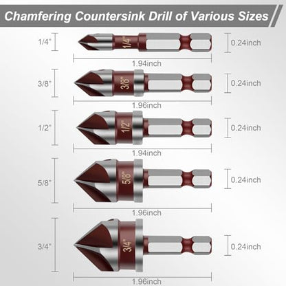 5PCS Countersink Drill Bit Set, 1/4" Hex Shank Countersink Bit Set for Wood