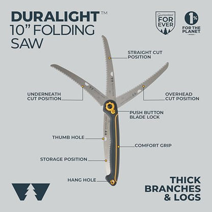 Woodland Tools Duralight Folding Saw – Curved Pruning Saw with Hardened Steel Blade, 3-Position Lock, Soft Grip Handle – Manual Tool for Tree Trimming, Branch Cutting, and Yard Work - style: Compact Duralight Folding Saw