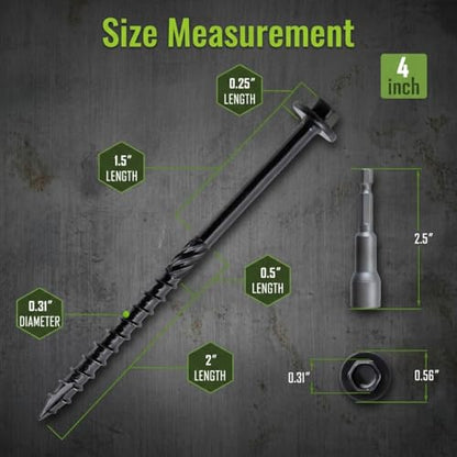 [Pack of 50] #14 x 4 inch Wood Structural Screws, Heavy Duty Hex Head Black Timber/Log/Landscaping Wood Screws, Rust Resistant, Hex Socket Included - color: Black, size: #14 x 4"