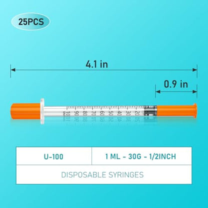 U-100 30G 1ml/cc 1/2"(12.7mm) Individually Wrapped lab syringes, Pack of 25. - size: 1ml-30G 1/2", style: 25