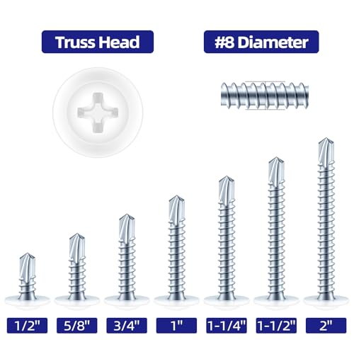 #8 x 1 Sheet Metal Screws, 200 PCS Etauwe Fast Self Tapping Screws for Metal, Phillips Modified Truss Head Self-Drilling Screws, Screwdriver Bit Included, White Head - color: White, size: #8 x 1"