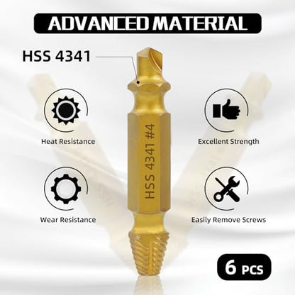 RENYU 6pcs Damaged Screw Extractor Kit, HSS 4341, 4-Flute