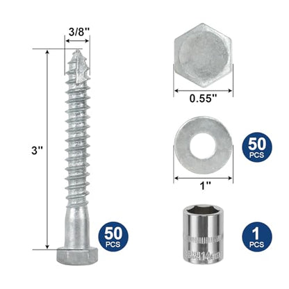 3/8" x 3" Lag Screws Bolts with Washers(50Pcs) - size: 3/8x3in