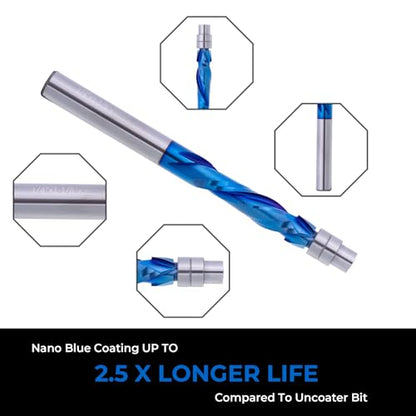 1/4" Shank Spiral Flush Trim Router Bit, 1-1/8" Cut Length & 3" OAL, Down Cut Solid Carbide CNC Bit with Nano Coating for Wood Trimming - style: DOWN CUT