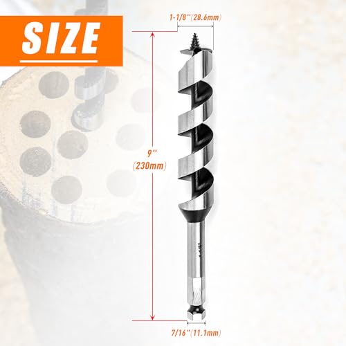 1-1/8 Inch x 9 Inch Auger Drill Bit for Wood,1-1/8 Inch Hex Shank - size: 1-1/8" x 9"