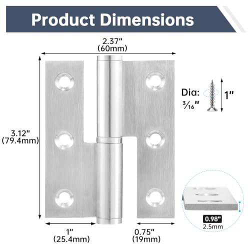 Lift Off Hinges 3", Removable Door Hinge, Left Handed, 6 Pack - color: Left(Silver), size: 3in