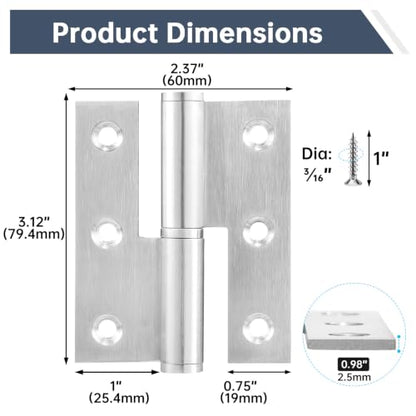 Lift Off Hinges 3", Removable Door Hinge, Left Handed, 6 Pack - color: Left(Silver), size: 3in