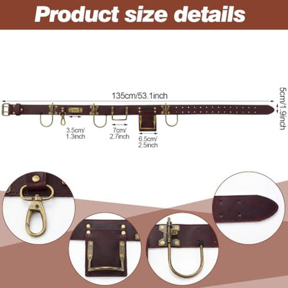 Adjustable Tool Belt with Hooks Heavy Duty Dark Brown Leather Carpenter Tool Belt Organizer with Drill, Axe, Hammer Holder for Level, Tape Measure & Spanners - color: Dark Brown
